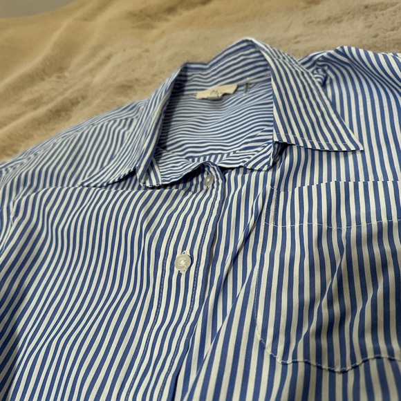 Elan Blue and White Striped Long Sleeved Button Down with Cinch Waist M - Picture 4 of 6